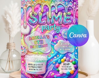 May include: A rectangular party invitation featuring a vibrant rainbow slime background with glittery drips. Text reads SLIME party, ARIELLA'S 8TH BIRTHDAY, SATURDAY OCTOBER 23RD AT 3:00PM, ARIELLA'S HOUSE 123 MAIN STREET, AUSTIN TX 2781, and RSVP TO OLIVE AT 123-456-7890.