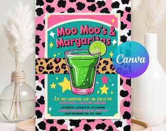 Moo Moos & Margaritas Girls Night Party Invitation, Leopard Print Editable Template, Tropical Bachelorette Party Invite, Digital Download