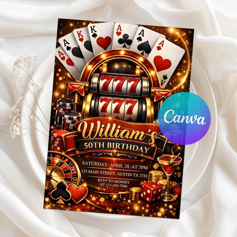 Casino invitation, Casino Birthday, birthday invitation, adult party invite, adult invitation, 21st birthday invite, 40th party invite, 50th birthday invite, poker birthday, casino night invite, poker party invite, Canva Template, digital invitation