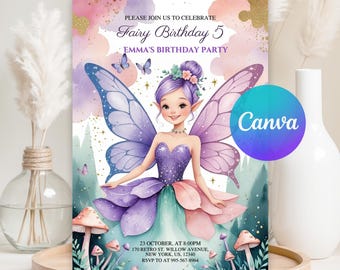 Fairy 1st Birthday Invitation, Enchanted Garden Party, Whimsical Birthday Invite, Instant Download, Canva Template