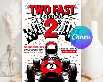 Two Fast Birthday Invitation, Two Fast 2 Curious Race Car Invite, 2nd Birthday Invitation, Canva Editable Template, Instant Download