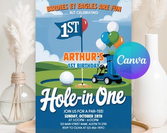 Inbjudan till första födelsedag för Hole In One, redigerbar mall för första födelsedagsinbjudan till golf, första födelsedagsinbjudan till par-tee-golf, direktnedladdning