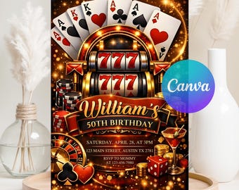Casino Night Birthday Invitation, Casino Theme Birthday, Playing Cards Poker, 21st 30th 40th 50th, Adult Party Invite, Canva Template