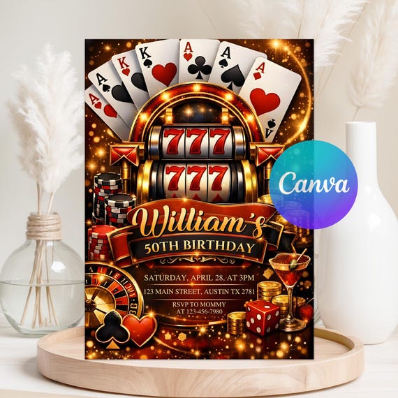 Casino Night Birthday Invitation, Casino Theme Birthday, Playing Cards Poker, 21st 30th 40th 50th, Adult Party Invite, Canva Template