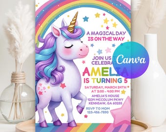 Editable Unicorn Birthday Invitation, Magical Pastel Rainbow Unicorn Birthday Invite, Whimsical Fairytale Unicorn, Canva Template