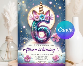 6th Birthday Unicorn Invitation, Sixth Birthday Invite Girl, Magical Party, Pastel Rainbow Invitation, Editable Template, Instant Download