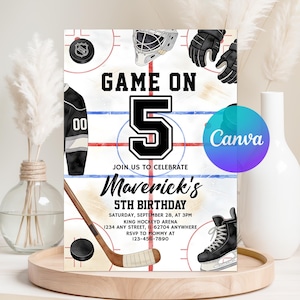 May include: A hockey-themed birthday invitation with the text "Game On 5". The invitation includes illustrations of hockey equipment, such as a jersey, helmet, gloves, and skates. The invitation is for Maverick's 5th birthday.