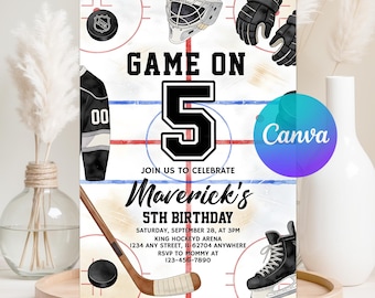 Bewerkbare ijshockeyverjaardagsuitnodiging, spel op feestuitnodiging, sportthema, kinderhockeyverjaardag, instant download, digitale sjabloon