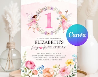 Fairy First Birthday Invitation Girl, Fairy 1st Birthday Invite, Girl 1st Birthday Invitations, Garden Fairy Birthday, Canva Template
