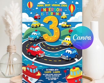 Transportation Birthday Invitation Honk, Beep, Choo Choo, Train, Truck and Cars Birthday Invites, Boy Birthday Invite, Digital Download