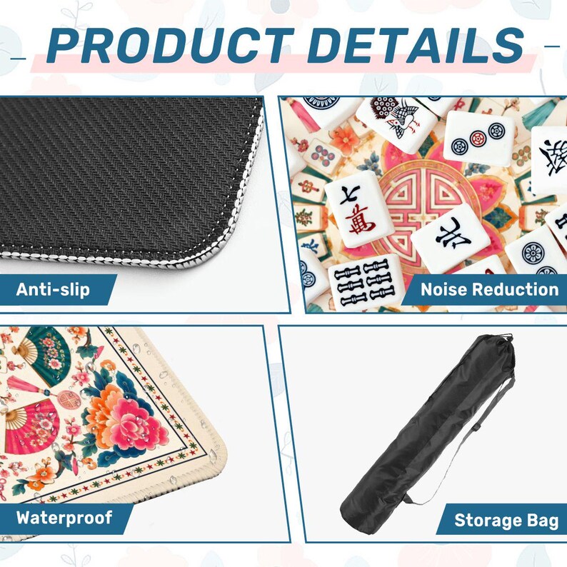 Pode incluir: Imagem de detalhes do produto: superf&iacute;cie antiderrapante preta, pe&ccedil;as de Mahjong, superf&iacute;cie imperme&aacute;vel com desenhos florais e de leques e uma bolsa de armazenamento preta. O texto diz 'Detalhes do produto'.