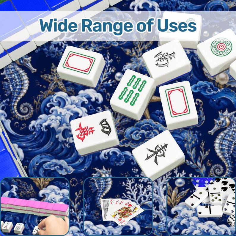 Tapete de Mahjong con diseño de olas de porcelana azul, tapete de juego de estilo chinoiserie costero, mantel de Mahjong con diseño de caballito de mar y océano, regalo de decoración náutica. imagen 9