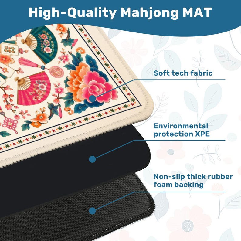 Pode incluir: Um tapete de Mahjong de alta qualidade com um design floral com detalhes em rosa, laranja e azul-petr&oacute;leo. O tapete tem um tecido t&eacute;cnico macio, prote&ccedil;&atilde;o ambiental XPE e um suporte de espuma de borracha espessa antiderrapante. O texto "High-Quality Mahjong MAT" est&aacute; no topo.
