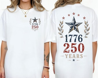 1776年250周年記念シャツ、前面と背面にプリントされたシャツ、愛国的なコンフォートカラーの1717 Tシャツ、アメリカ建国250周年記念シャツ