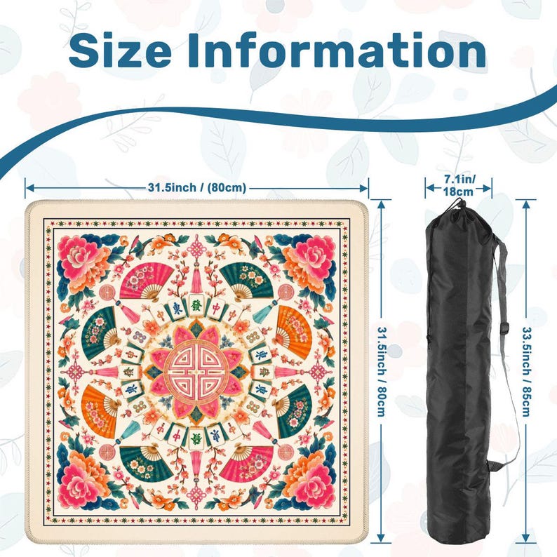 Pode incluir: Um tapete quadrado creme com um design floral e de leques, medindo 80 cm de cada lado. Inclui uma bolsa de transporte preta, com 85 cm de comprimento. O texto "Size Information" est&aacute; no topo. O tapete tem 31,5 polegadas.