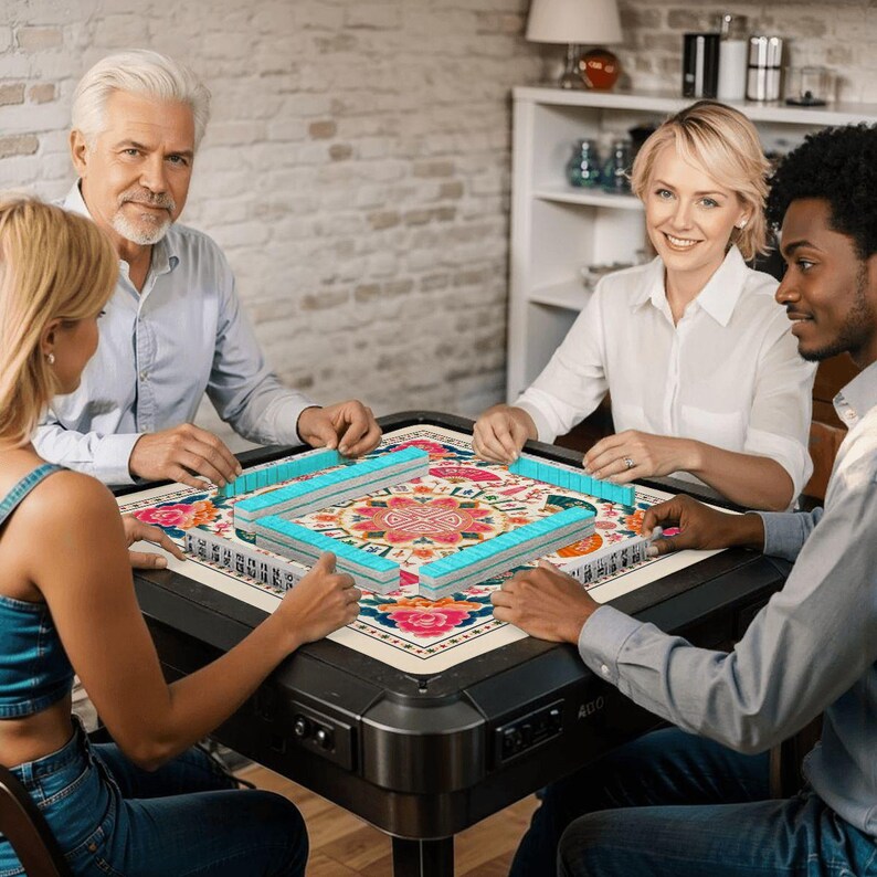 Pode incluir: Quatro pessoas jogando mahjong em uma mesa preta. A superf&iacute;cie de jogo tem um design floral. As pe&ccedil;as de mahjong s&atilde;o azul claro. Os jogadores est&atilde;o sorrindo. O ambiente &eacute; agrad&aacute;vel.