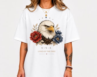 愛国的なイーグルシャツ、アメリカ花柄Tシャツ、自由の国シャツ、アメリカンイーグルTシャツ、7月4日のギフト