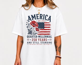 アメリカ250周年記念Tシャツ、愛国的な花柄Tシャツ、アメリカ建国1776年記念Tシャツ、USA2026記念Tシャツ