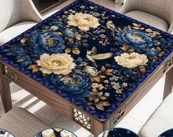 Sapphire Peony Mahjong Mat, Blue Floral Table Cover, Chinoiserie Mahjong Game Mat, Bird Peony Decor, Mahjong Lover Gift