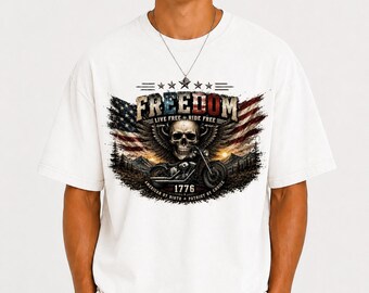 フリーダムモーターサイクルシャツ、愛国的なバイカーTシャツ、スカルライダーシャツ、アメリカ国旗モーターサイクルシャツ、ヴィンテージUSA Tシャツ