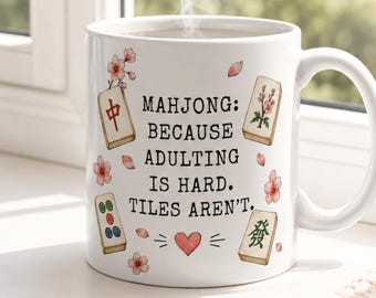 Funny Mahjong Mug, Mahjong Because Adulting Is Hard Mug, Mahjong Lover Gift, Cute Cherry Blossom Coffee Cup, Mahjong Player Mug