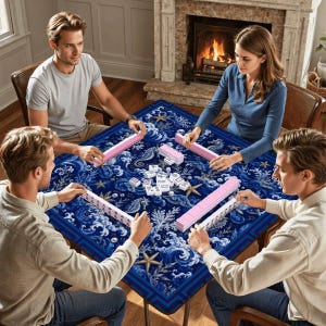 Puede incluir: Una mesa de mahjong cuadrada cubierta con una tela azul que presenta un patr&oacute;n blanco de olas, corales y estrellas de mar. La superficie de la mesa contiene cuatro filas de fichas de mahjong rosas y blancas frente a cuatro jugadores.