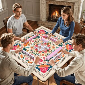 Pode incluir: Quatro pessoas jogando Mahjong em uma mesa quadrada. A mesa tem um design floral. Pe&ccedil;as e suportes rosa est&atilde;o dispostos na mesa. Os jogadores est&atilde;o concentrados no jogo, com uma lareira ao fundo.