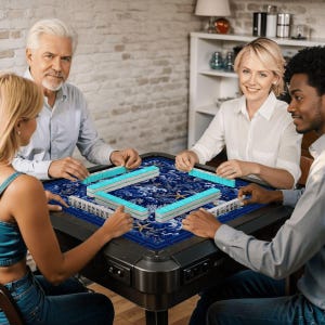Puede incluir: Una mesa de juego cuadrada con marco oscuro y superficie de tela azul con un patr&oacute;n blanco de corales y conchas. Cuatro juegos de fichas de mahjong azul claro y blanco est&aacute;n dispuestos en formaci&oacute;n cuadrada sobre la mesa, con jugadores alrededor.