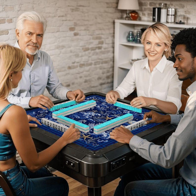 Puede incluir: Una mesa de juego cuadrada con marco oscuro y superficie de tela azul con un patr&oacute;n blanco de corales y conchas. Cuatro juegos de fichas de mahjong azul claro y blanco est&aacute;n dispuestos en formaci&oacute;n cuadrada sobre la mesa, con jugadores alrededor.