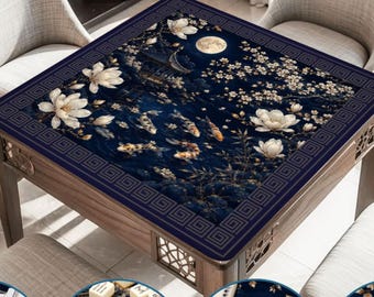 月光庭園麻雀マット、青いシノワズリーテーブルカバー、鯉の池麻雀マット、マグノリアの花柄ゲームマット、アジアンデコレーションギフト