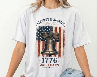 自由と正義をすべての人に 1776年250周年記念シャツ、愛国的な自由の鐘Tシャツ、ヴィンテージUSA独立記念日シャツ、7月4日Tシャツ