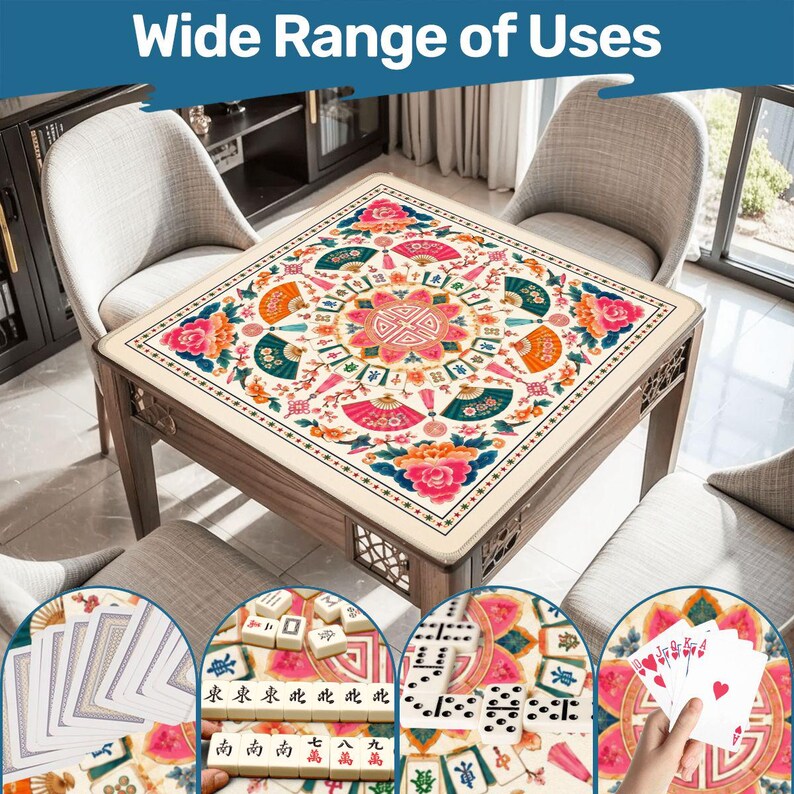 Pode incluir: Uma mesa quadrada de madeira com um tampo creme com um design floral e de leques. A mesa &eacute; rodeada por cadeiras. A imagem inclui o texto "Wide Range of Uses" e exemplos de jogos de cartas, domin&oacute; e mahjong.