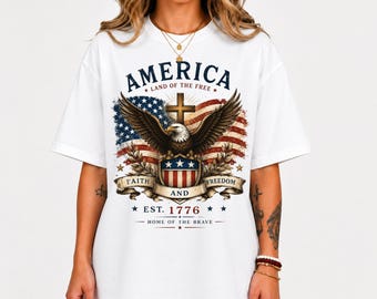 キリスト教愛国イーグルシャツ、アメリカ自由の国Tシャツ、信仰と自由シャツ、USAイーグルクロスシャツ、1776愛国Tシャツ