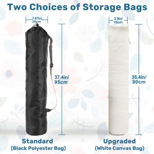 Puede incluir: Dos opciones de bolsas de almacenamiento: una bolsa de poli&eacute;ster negra de 20 cm por 95 cm y una bolsa de lona blanca de 10 cm por 90 cm. Ambas bolsas son cil&iacute;ndricas, cuentan con cierres de cord&oacute;n y correas ajustables para el hombro.