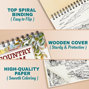 May include: A spiral-bound coloring book with a wooden cover. The book features high-quality paper for smooth coloring and is labeled "COUNTRY". The text on the image says "TOP SPIRAL BINDING (Easy to Flip)" and "HIGH-QUALITY PAPER (Smooth Coloring)".
