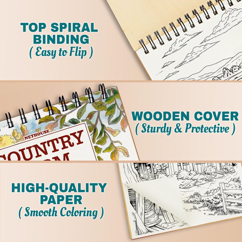 May include: A spiral-bound coloring book with a wooden cover. The book features high-quality paper for smooth coloring and is labeled "COUNTRY". The text on the image says "TOP SPIRAL BINDING (Easy to Flip)" and "HIGH-QUALITY PAPER (Smooth Coloring)".
