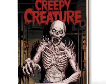 Può includere: Libro da colorare a spirale intitolato "Creepy Creature" con un'illustrazione di zombie scheletrico in rosso e bianco. La copertina include il testo "Coloring Book by Nethouse". Lo sfondo è scuro con elementi industriali.