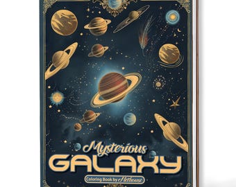 May include: A spiral-bound coloring book titled "Mysterious Galaxy" with a dark blue cover featuring illustrations of planets and stars. The cover has a vintage aesthetic with gold and cream accents, and the text "Mysterious Galaxy" is prominently displayed.