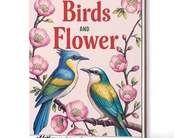 Handgefertigtes Blumen und Vögel Ausmalbuch: Holz-Cover, Spiralbindung