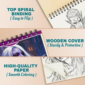May include: A spiral-bound coloring book with a wooden cover. The cover features a fantasy illustration, and the pages are high-quality paper. Text on the image reads: Top Spiral Binding, Wooden Cover, High-Quality Paper.