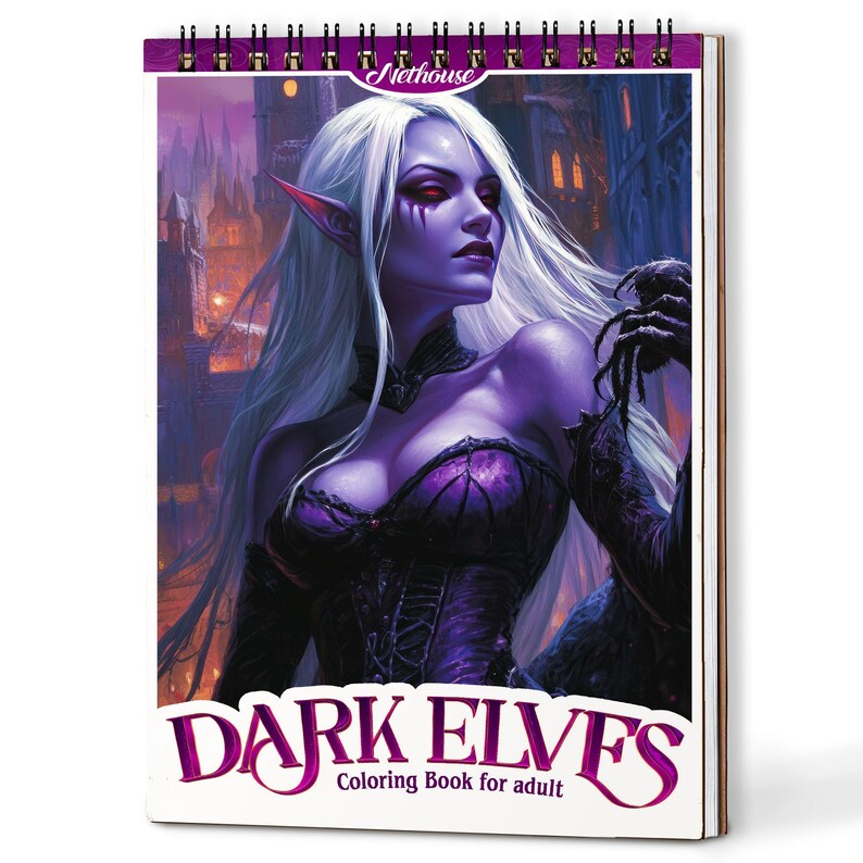 May include: A spiral-bound coloring book titled "DARK ELVES Coloring Book for adult." The cover features a fantasy illustration of a pale-skinned elf with long white hair, pointed ears, and dark makeup. The elf is wearing a dark purple corset and holding a spider.