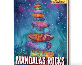 Libro para colorear Mandalas Rocks – Tapa de madera hecha a mano o tapa de papel, encuadernado en espiral.