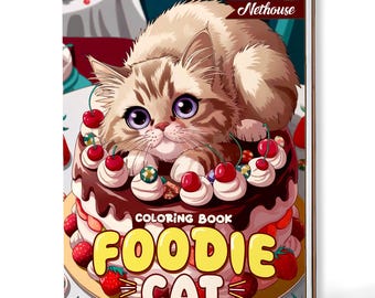 May include: A spiral-bound coloring book featuring a cartoon cat nestled on a layered cake decorated with cherries and strawberries. The book cover has the text "COLORING BOOK FOODIE CAT" and the brand name "Nethouse".