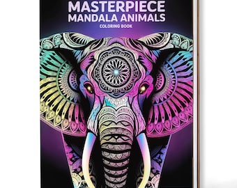 Könnte beinhalten: Ein Spiral-Malbuch mit dem Titel "Masterpiece Mandala Animals" zeigt eine lebendige, detaillierte Illustration eines Elefanten. Das Elefanten-Design besteht aus komplizierten Mandala-Mustern in Lila, Rosa, Gelb und Türkis auf schwarzem Hintergrund.