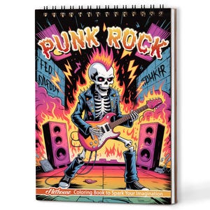 Może przedstawiać: Spiralny zeszyt do kolorowania z żywą ilustracją. Okładka przedstawia szkielet grający na gitarze elektrycznej, płomienie i słowa "PUNK ROCK". Książka zawiera tekst "Nethouse Coloring Book to Spark Your Imagination."