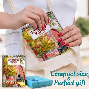 May include: A spiral-bound "Country Farm" coloring book with a red barn illustration is held in a canvas tote bag. The book cover features a tree with red apples and a tractor. A blue gift box is also visible.