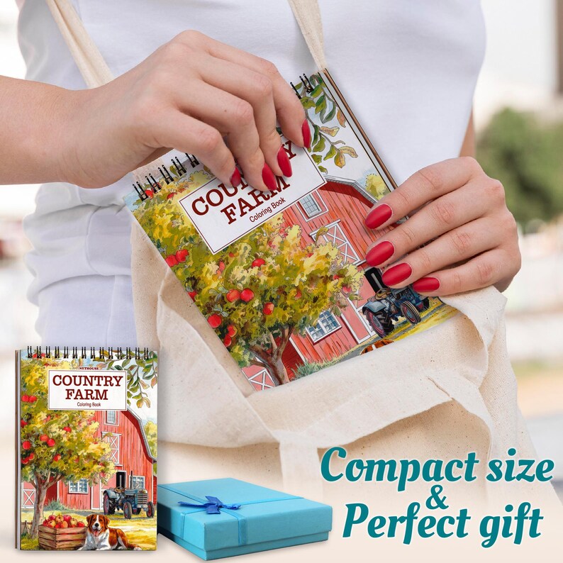 May include: A spiral-bound "Country Farm" coloring book with a red barn illustration is held in a canvas tote bag. The book cover features a tree with red apples and a tractor. A blue gift box is also visible.