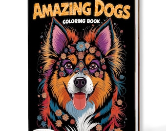 Peut inclure: Un cahier de coloriage à spirales intitulé "AMAZING DOGS COLORING BOOK" présente une illustration colorée d'un chien avec des accents floraux. Le chien a une fourrure orange, violette et bleue, avec la langue sortie. Le livre a une couverture noire.