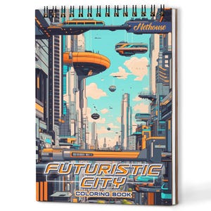 May include: A spiral-bound coloring book titled "Futuristic City Coloring Book." The cover features a vibrant illustration of a futuristic cityscape with flying vehicles, tall buildings, and a bright blue sky. The book is designed for creative expression.