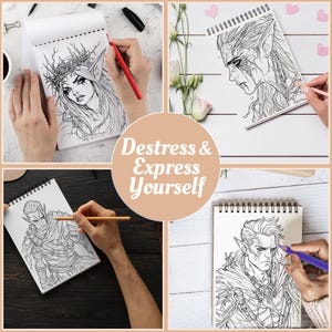 May include: A collage of four images showcasing detailed fantasy art coloring pages in spiral-bound sketchbooks. The phrase "Destress & Express Yourself" is centered in a tan circle. Each image shows a person coloring with pencils.